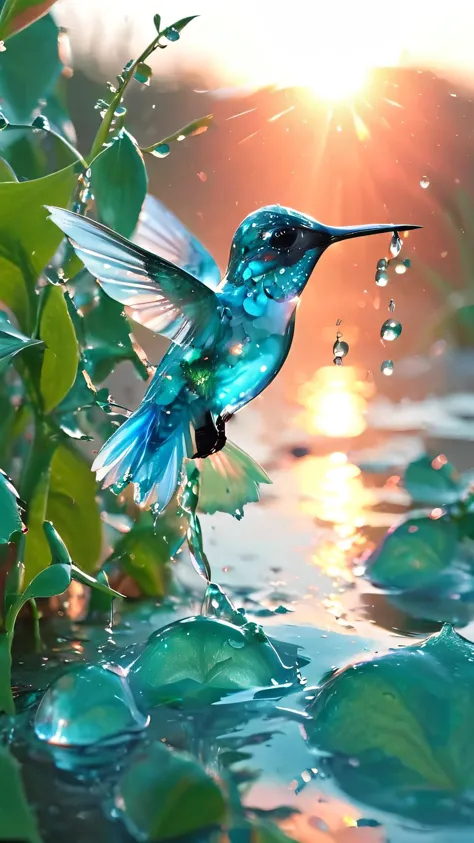 light blue hyperdetailed water hummingbird made of water,marsh at pastel-pink-sunrise,water droplets,translucent luminescence,li...