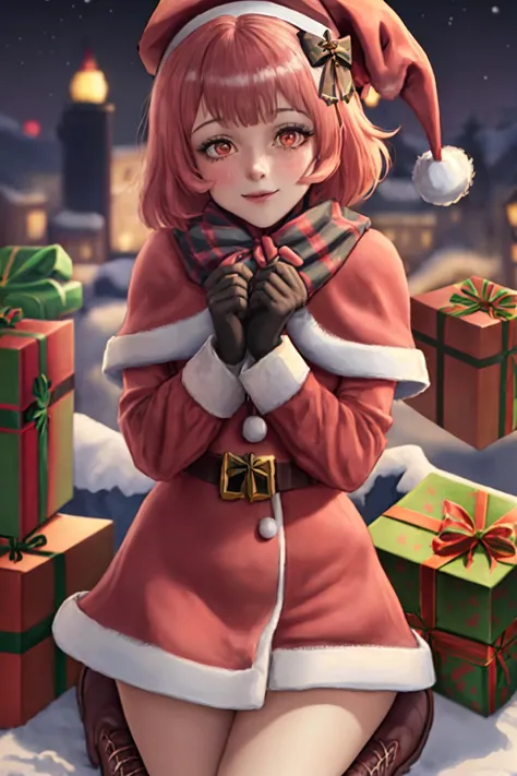 anime girl in santa outfit sitting on snow with presents