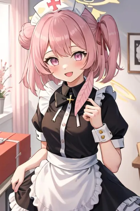 best quality, masterpiece, highres, solo, {maid:1.40}, {long maid dress:1.15}, {serina_bluearchive:1.15}, pink_hair, halo, pink_eyes, hat, blush, smile, ribbon, open_mouth, nurse_cap, bangs, hair_bun