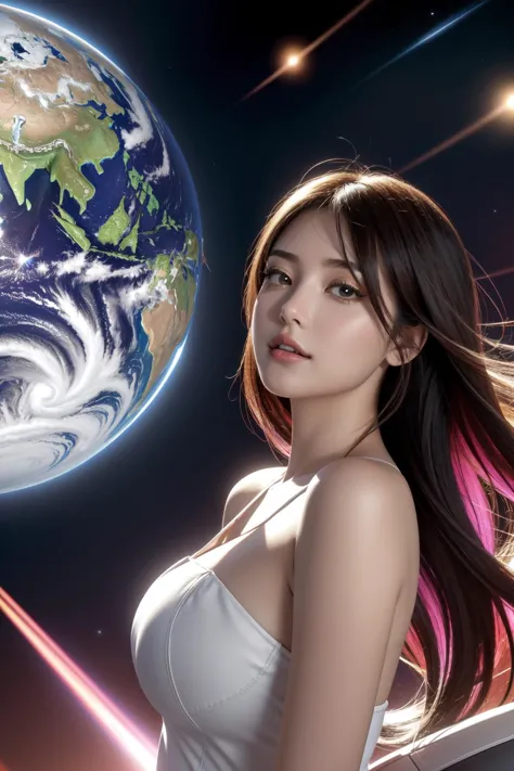 a woman in a white dress standing in front of a planet