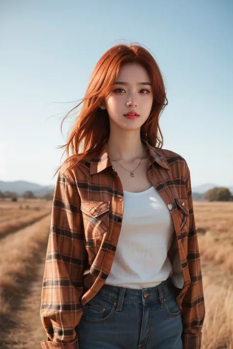 large format photo of a woman, (glowering face expression), copper hair, plaid flannel shirt with distressed boyfriend jeans, cowboy shot, under radiant god rays, sky level, shot on a film grain