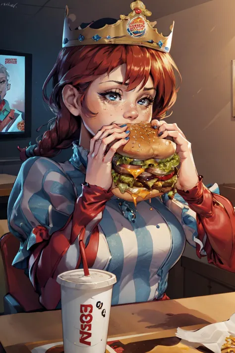 a woman eating a hamburger and drinking a drink at a table