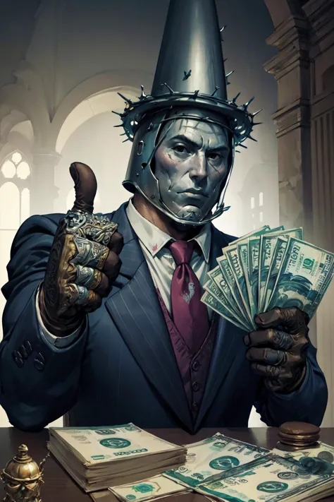 (masterpiece, best quality, 4k, detailed, intricate, realistic),penitentonedef,helmet, stone face, faceless,brown gloves,gangstersb,upper body, money, holding, holding money, thumbs up, suit, jewelry, necktie <lora:gangstersb:0.8> <lora:sppenitentOne:0.8>