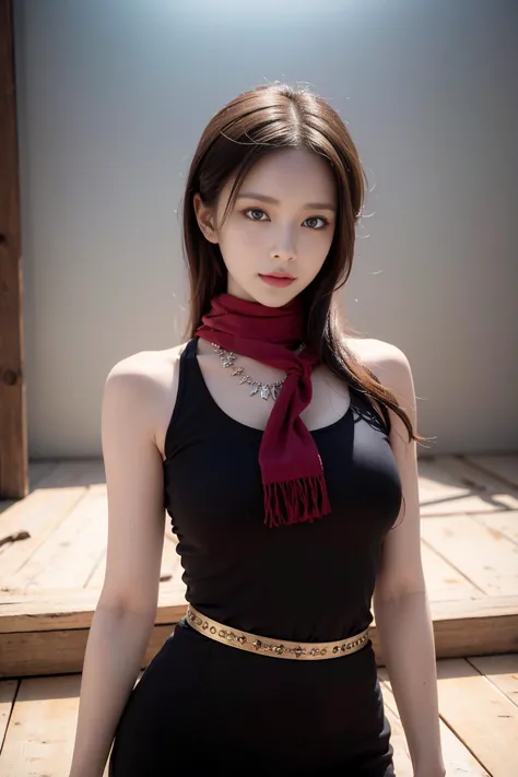 a close up of a woman wearing a black dress and a red scarf