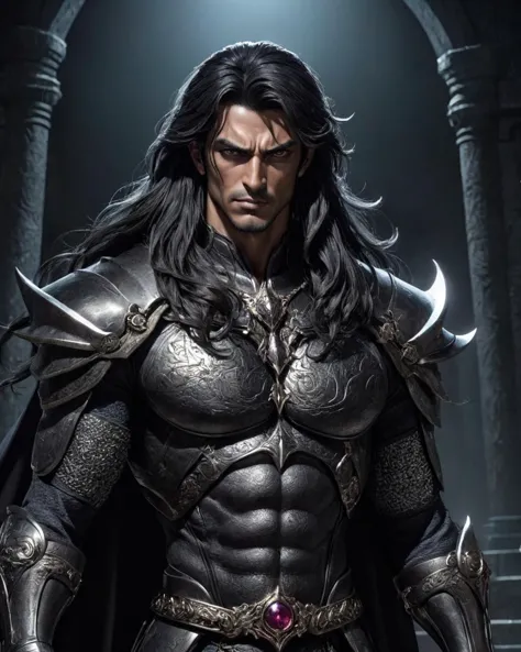 Darkalfa stands tall and proud, his muscular frame clad in shimmering armor that gleams in the dim light. His long hair flows fr...