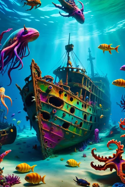 a mysterious sunken shipwreck, filled with strange creatures and vibrant colors, (highres, highly detailed:1.2), aesthetic, mast...