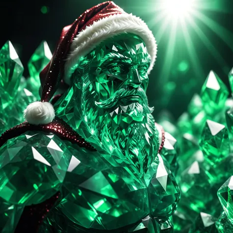 cinematic film still an evil santa made out of  green crystals, high detailed reflections, light refraction, light reflections, ...