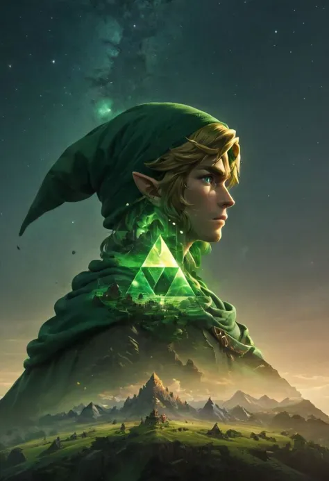 sideview, Capture the essence of Hyrule's destiny in a single triforce frame: Illustrate Link, adorned in his iconic green bonne...