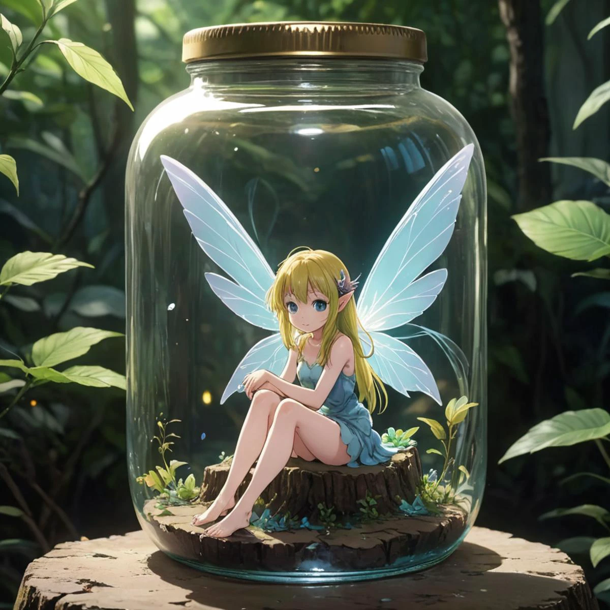 uma fada alada sentada em uma pequena ilha presa dentro de uma jarra de vidro, anime, 
