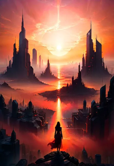 A hazy, otherworldly sunset bathes the futuristic metropolis in red and orange hues. The cityscape stretches out to the horizon,...