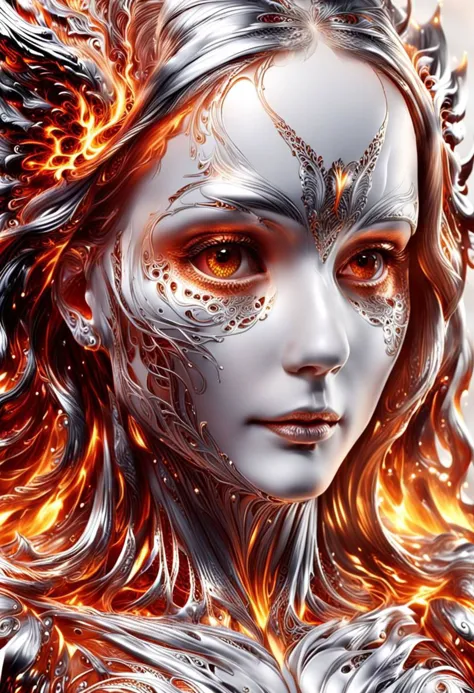 ral-chrome, ral-lava, attentive female, highly detailed face, flaming wings, lace filigree, super resolution, symmetry, white pa...