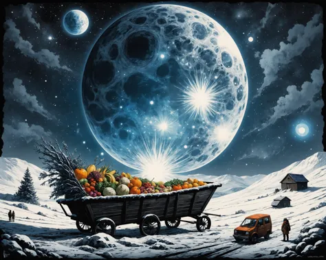 painting of a wagon full of fruit in a snowy landscape