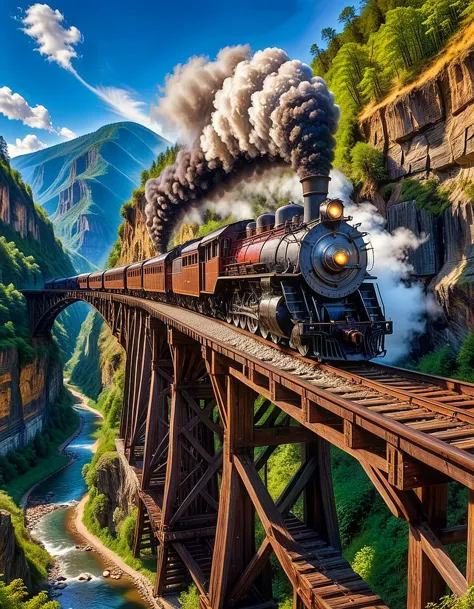 par le bas, locomotive à vapeur sur un pont en bois, gorge profonde, 4k, HDR, Haute qualité, fond de vue sur la montagne, Rivière tranquille,