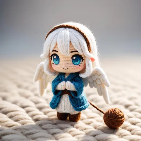 a (waifu:0.0) made of wool [knitted yarn:0.1], felt, tilt shift photography, angelic redeemer, little yarn (chibi:0.0)