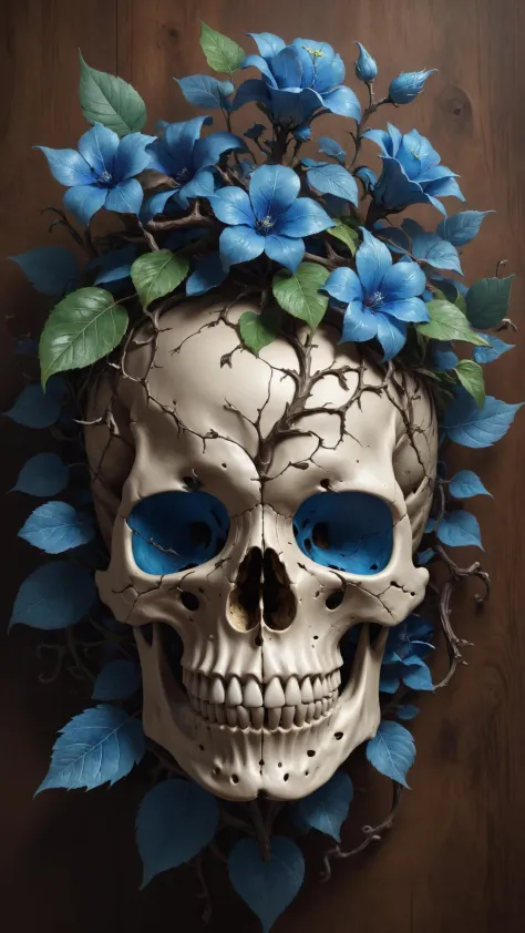 un primer plano de una calavera con un árbol y hojas, inspirado en Alberto Seveso, Sylvain Sarrailh e Igor Morski, Imagen de perfil de discordia, corona de espinas, cuerpo completo detallado, portal, Edgar Maxence y Ross Tran, sin ojos, corona de flores azules, hecho de metal y madera intrincados, niños de empalme