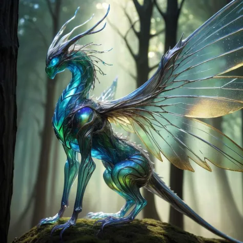 a gigantic creature, crafted from a blend of iridescent glass and tree. Its body is sleek and smooth, shimmering in the light as...