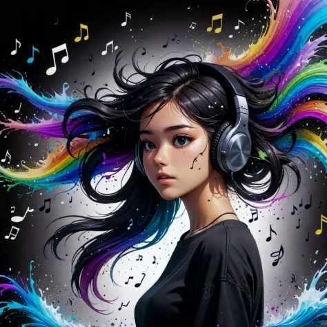 black music notes. girl listening to music, earphones, black musical notes, sounds, waves, abstract surrealism, [ink splash:0.4]...