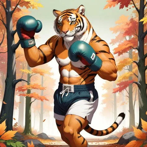 um tigre macho antropomórfico em luvas de boxe, parado em uma floresta durante o outono, praticando seus movimentos de luta, Em calções, Um olhar determinado em seu rosto, plano de fundo no Corel Painter, o personagem tem cores planas, feito em SAI e Corel Painter, arte peluda, por J Lynn