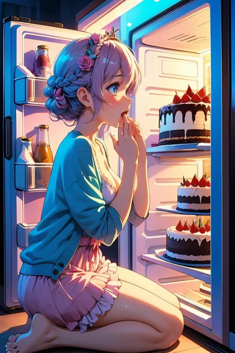 (masterpiece, best quality), 1girl,   Rose Crown Braid with Ribbon Wrap, tiny breasts,    <lora:girllikerefrigerator:0.8> refrigerator, hands on mouth, from side, colorfully neon lights, cake,  drink, chiffon cardigan, seiza, bare feet