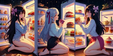 anime girl sitting in front of a refrigerator with food in it