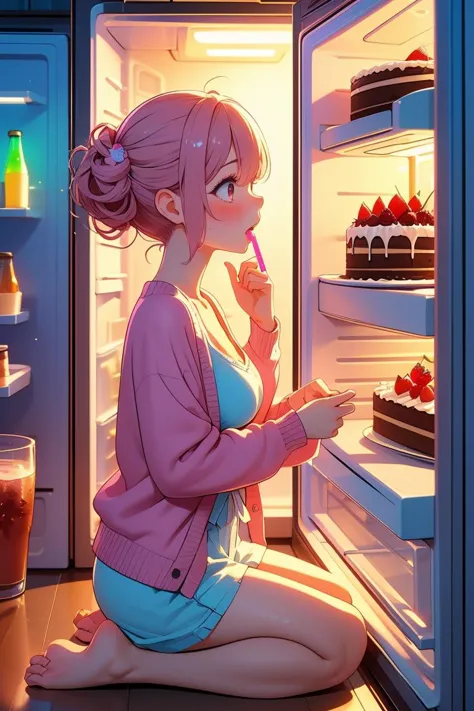 anime girl sitting in front of an open refrigerator eating a piece of cake