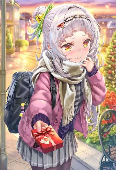 masterpiece, best quality,1girl, murasaki shion,  long hair, scarf, incoming gift, solo, blush, virtual youtuber, grey hair, valentine, pantyhose, white scarf, box, hair bun, gift, outdoors, long sleeves, hair ornament, bag, holding, pink jacket, alternate costume, hairband, arched bangs, yellow eyes, black pantyhose, skirt, single hair bun, gift box, jacket, open clothes, closed mouth, flower, giving, nail polish, holding gift, vertical-striped clothes, single side bun, wavy mouth, standing, black hairband, gift bag, grey skirt, half updo, sunset, striped scarf, hair flower, school bag, pleated skirt, looking at viewer, open jacket, striped clothes, lamppost, shoulder bag, vertical-striped scarf
 <lora:torinoXLlokr8f-000182:0.95>