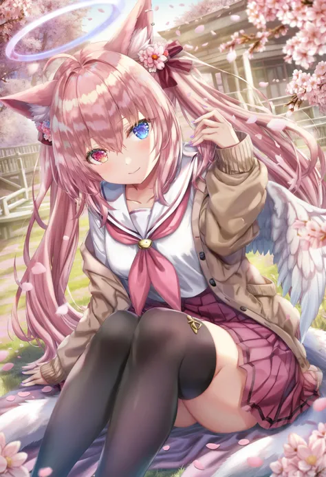 masterpiece, best quality,1girl,   cherry blossoms, heterochromia, solo, open cardigan, pink skirt, skirt, animal ears, smile, neckerchief, thighhighs, halo, sailor collar, cardigan, hair ornament, wings, school uniform, petals, blue eyes, black thighhighs, green eyes, pleated skirt, flower, serafuku, white sailor collar, long sleeves, hair flower, looking at viewer, closed mouth, grass, shirt, sitting, open clothes, angel wings, pink hair, hair between eyes, brown cardigan, blush, white shirt, falling petals, feathered wings, ahoge, outdoors, arm up, pink neckerchief, nail polish, white wings, pink flower, zettai ryouiki, fox ears, knees up, long hair, purple nails, head tilt, double bun, animal ear fluff, low wings, sidelocks, fox tail, twintails, tail, very long hair, miniskirt, kitsune, multiple tails, straight hair, hair bun, borrowed character, kyuubi
 <lora:torinoXLlokr8f-000182:0.95>