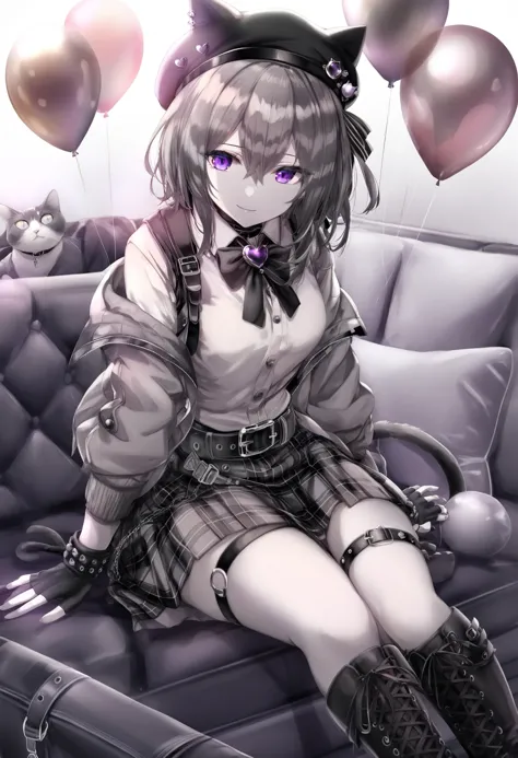 anime girl sitting on a couch with balloons and a cat