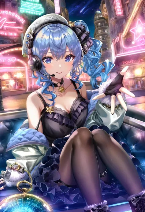 masterpiece, best quality,1girl, hoshimachi suisei,  solo, virtual youtuber, gloves, blue hair, pantyhose, blue eyes, star in eye, symbol in eye, star \(symbol\), choker, looking at viewer, hat, black gloves, black choker, sitting, beret, side ponytail, headset, jewelry, star \(sky\), hair between eyes, jacket, sky, parted lips, fingerless gloves, crown, off shoulder, planet, black footwear, headphones, microphone, starry sky, sidelocks, strap slip, bow, collarbone, dress, medium hair, frills, black dress, boots, star choker, night, earrings, alternate costume, breasts, mini crown, night sky, ribbon, knees up, long hair, blush, hair ribbon, black pantyhose, smile, white jacket, star earrings, bare shoulders, black camisole, outstretched hand, white headwear, frilled dress, shooting star, o-ring, black bow, thigh strap, jacket partially removed, cleavage, neon lights, camisole, plaid, hair bow, plaid dress, plaid bow, o-ring thigh strap, city
 <lora:torinoXLlokr8f-000182:0.95>