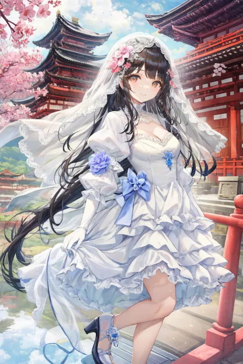 scenery, tree, east asian architecture, architecture, outdoors, reflection, building, nature ,1girl, dress, solo, long hair, white dress, full body, black hair, breasts, veil, high heels, cleavage, very long hair, white footwear, parted bangs, white gloves, gloves, white background, looking at viewer, bangs, long sleeves, flower, hair ornament, puffy sleeves, bridal veil, wedding dress, layered sleeves, elbow gloves, frills, smile, medium breasts 
 