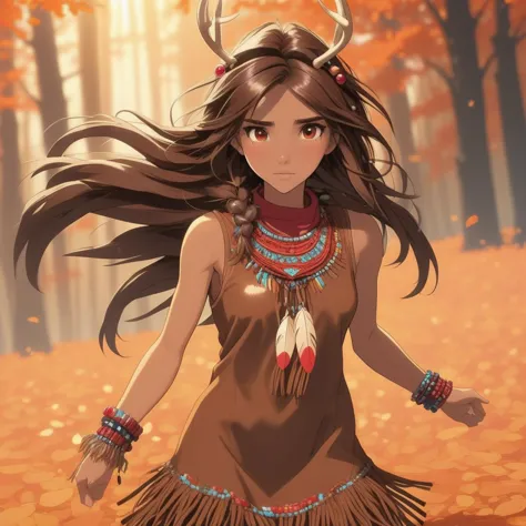 a woman in a native dress standing in a forest