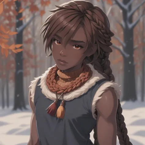 a woman with braid hair and a scarf standing in the snow