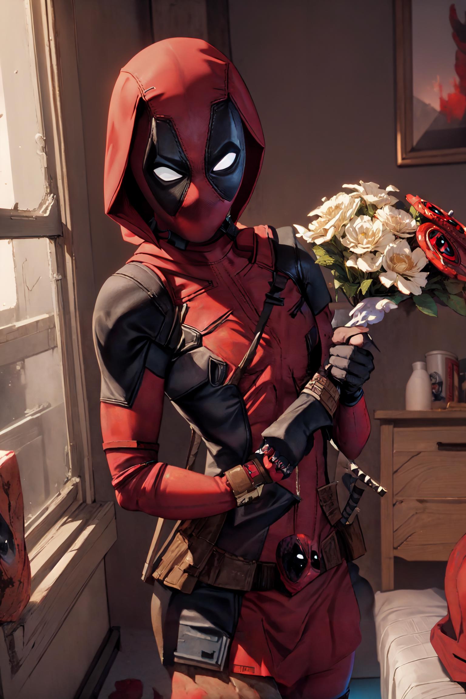 Deadpool is holding a bouquet of flowers in a bedroom - SeaArt AI