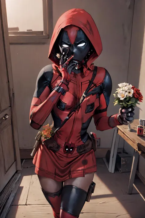 (deadpool in red hood:1.3), holding a bunch of flowers, shy, red skirt, red hood, <lora:Sexy Little Red Riding Hood outfit(57):0.7>, cute bedroom, (flowers), masterpiece, detailed, hires, cinematic angle