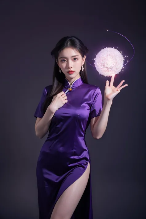 a woman in a purple dress holding a flower in her hand