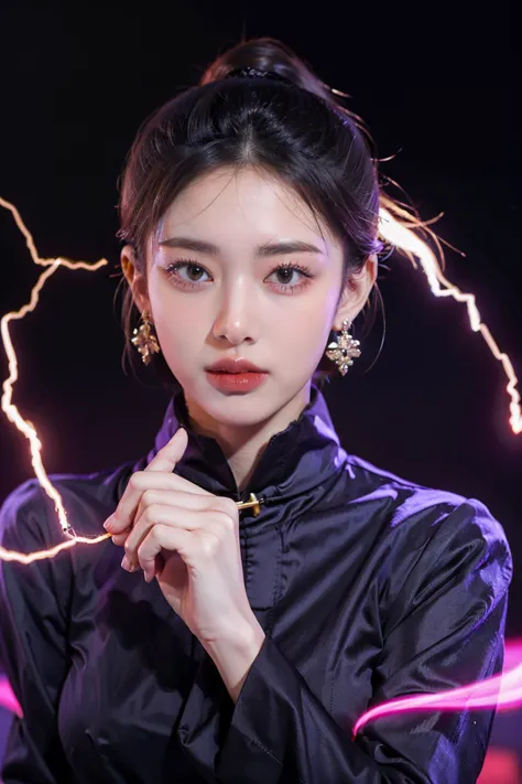 highres, 8k, absurdres, solo, 1girl, SpiderPig,  (looking at viewer:1.1), earrings, simple background, <lora:JP_Girl-000011:0.1>, Traditional Chinese clothes,  (purple electricity:1.4), purple aura, dark purple lightning, (condense energy:1.3) in her hands, energy ball
 <lora:lightning_v1:0.4>