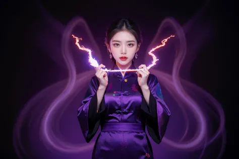 highres, 8k, absurdres, solo, 1girl, SpiderPig,  (looking at viewer:1.1), earrings, simple background, <lora:JP_Girl-000011:0.1>, Traditional Chinese clothes,  (purple electricity:1.4), (purple aura:1.5), (dark purple lightning:1.4), (condense energy:1.3) in her hands, energy ball, intensive energy, 
 <lora:lightning_v1:0.4>