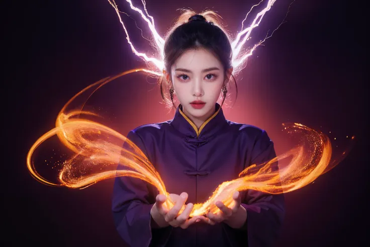 highres, 8k, absurdres, solo, 1girl, SpiderPig,  (looking at viewer:1.1), earrings, simple background, <lora:JP_Girl-000011:0.1>, Traditional Chinese clothes,  (purple electricity:1.4), (purple aura:1.5), (dark purple lightning:1.4), (condense energy:1.3) in her hands, energy ball, intensive energy, 
 <lora:lightning_v1:0.4>