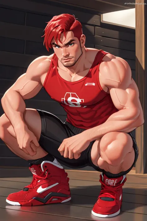 muscular man, stubble, scruffy, broad shoulders, wearing red commandforce, crouching, <lora:commandforce_v0.1:1>