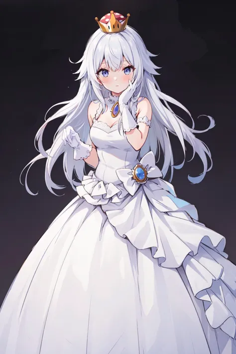 (obra de arte, melhor qualidade),  detalhes intrincados,
1 garota,   
 Boosette_Mário, , cabelo longo, cabelo branco, vestido branco longo, vestido de baile, luvas brancas, ,