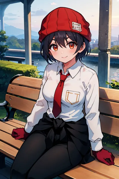 (masterpiece, best quality:1.2), solo, 1girl, izumo fuuko, smile, looking at viewer, sitting, bench, red headwear, beanie, v-sha...