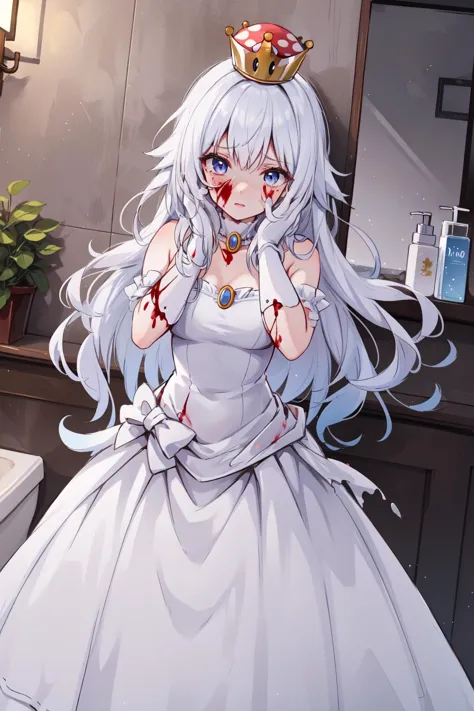 (obra de arte, melhor qualidade),  detalhes intrincados,
1 garota,    Boosette_Mário, , cabelo longo, cabelo branco, vestido branco longo, vestido de baile, luvas brancas, 
dentro de casa, Banheiro, banheiro, urinal,  roupas rasgadas, sangue no rosto, Assustado,