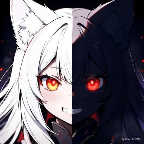 ultra detailed, sharp focus, best quality, masterpiece, colorful, 1girl, shadow, red glowing eyes, grin, cat face, :3, close-up,...