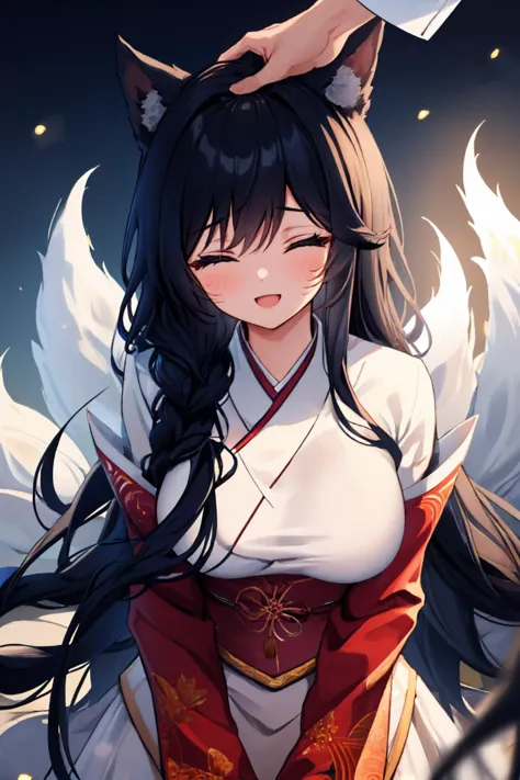 (masterpiece, best quality:1.2), HeadpatPOV, pov, headpat, 1girl, IncrsAhri, :d, braid, closed eyes, fox tail, multiple tails, korean clothes <lora:Ahri:1> <lora:HeadpatPOV:1>