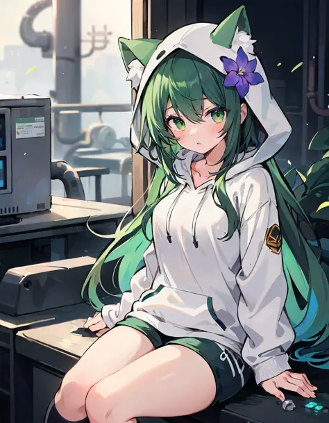 1girl, solo, upper body, energy plant, day, sunny, slouching, green hair, long hair, swept bangs, green eyes, thick, animal hood...