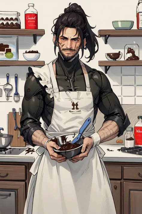 High Quality, Masterpiece, 1boy, IncrsChocoMaker, <lora:ChocolateMaking:1>, whisk, apron, food on face, kitchen, chocolate on bo...