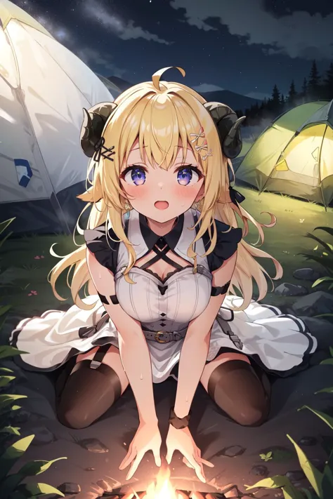 (masterpiece, best quality),  intricate details,
1girl,   
 WatameNightFever, long hair, ahoge, hairclip, sheep horns, sheep ears, white dress, sleeveless, arm band, thigh strap, black thighhighs, blonde hair, 
 sweating, boob sweat,
outdoors, night, camping, campfire, tent, from above, on knees,