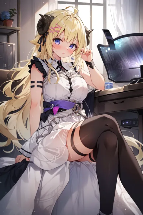 (masterpiece, best quality),  intricate details,
1girl,   
 WatameNightFever, long hair, ahoge, hairclip, sheep horns, sheep ears, white dress, sleeveless, arm band, thigh strap, black thighhighs
 sweating, boob sweat,
indoors, sitting in chair, gaming room,