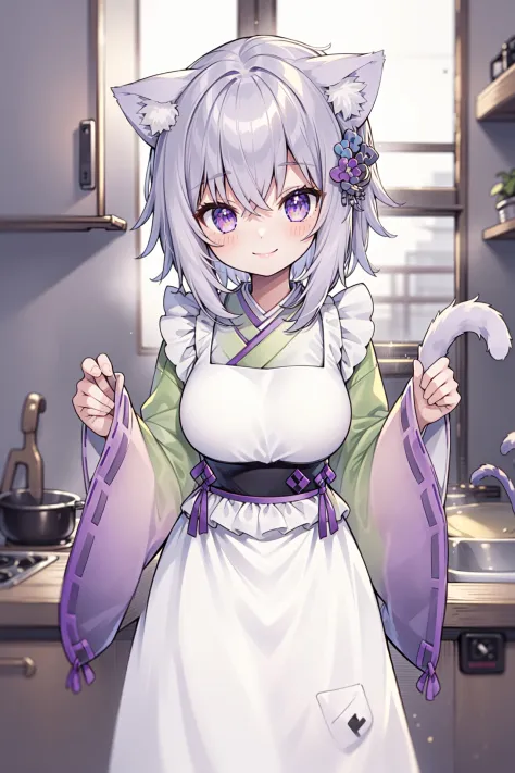 best quality,1girl, okayunewyears, kimono, japanese clothes, wide sleeves, white apron, hair ornament, cat tail, smiling, kitche...