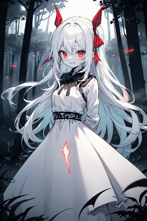 best quality, fantasy, colorful, forest, night, dawn, fog, 1girl, long white hair, glowing red eyes, vampire, wide smile, hair ribbon, red ribbon, white dress, arms behind back, pale skin,  dynamic lighting, intricate detail,